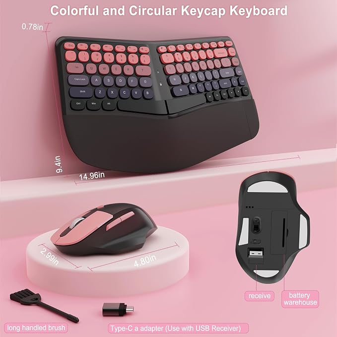 Ergonomic Wireless Keyboard Mouse, Mechanical Gaming Set with Wrist Rest | Compatible With All windows and Type C Computer,With OTG & Long Clean Bruch,Ideal for PC, Home, Office and College
