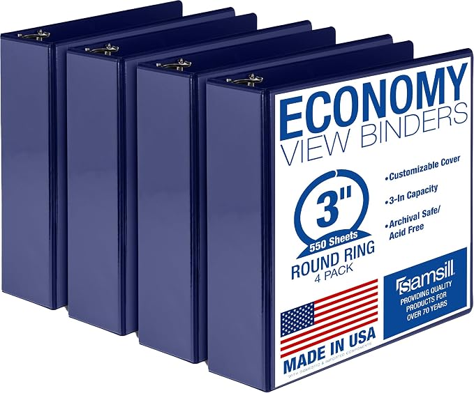 Samsill 3 Inch 3 Ring Binders, Economy Round Ring, Clear View Cover, 550 Sheet Capacity - for School, Home, Office - Blue, 4 Pack