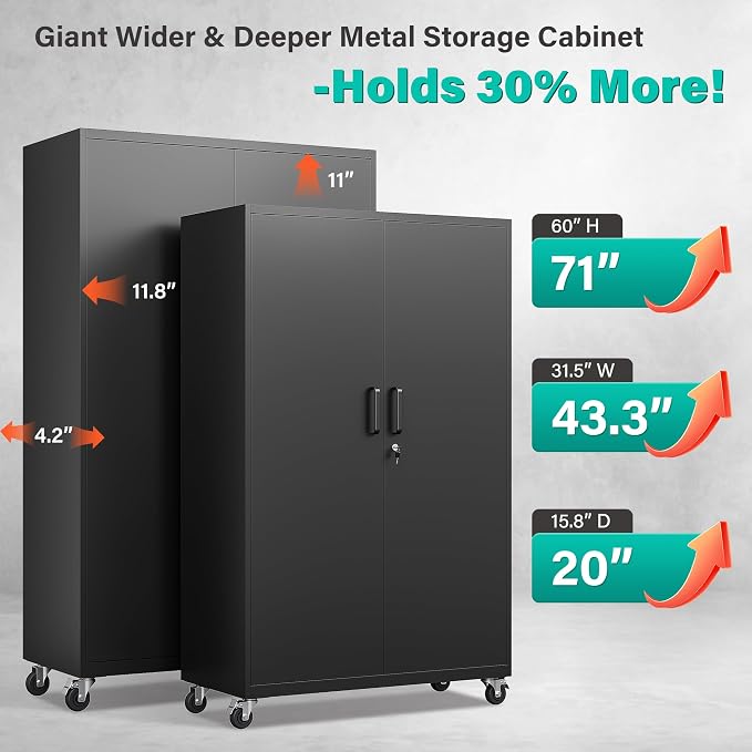 Wide & Deep Metal Storage Cabinet with Wheels,Tall Rolling Garage Storage Cabinet with Lock,Black Metal Cabinets with Shelves and Pegboards,Tool Locker for Garage,Home,Office,43''Wx 20''Dx71"H