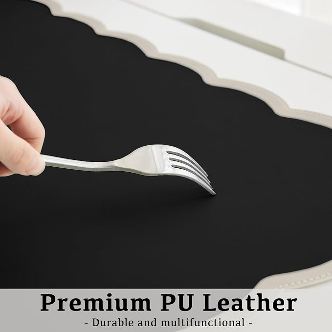 Scalloped Desk Mat, 31.5" x 15.7" Black Beige Large Cute Aesthetic Desk Accessories, PU Leather Computer Laptop Desk Mouse Keyboard Pad, Desk Writing Mat for Vanity/Work/Home Decor