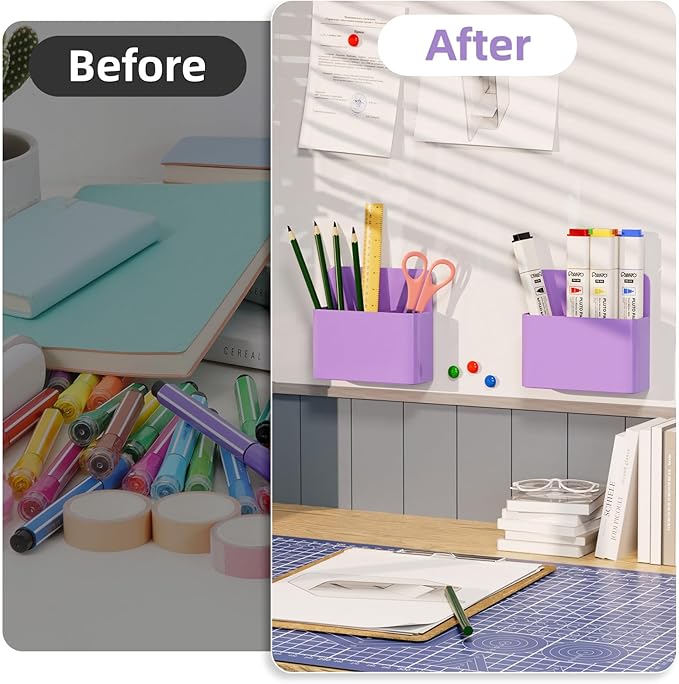 Mabrasse 2p Magnetic Dry Erase Marker Holder,Pen and Eraser Holder for Whiteboard, Magnet Pencil Cup Utility Storage Organizer for Office, Refrigerator, Locker and Metal Cabinets（Purple)