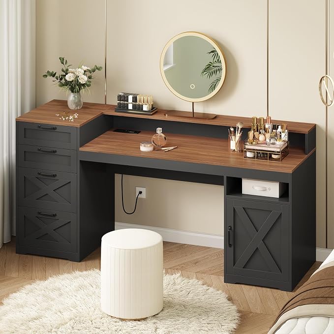 63" Farmhouse Computer Desk with 4 Drawers for Home Office, Bedroom | Executive Desk with Printer Shelf, Monitor Stand, Home Office Desks with Power Outlets, Storage Shelves, Brown and Black