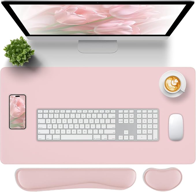 Pink Leather Desk Pad and Keyboard Wrist Rest, 27.6"x13.8" | 3in1 Mouse pad + Keyboard Wrist Rest + Mouse Wrist Rest, Non-Slip Waterproof Desk Writing Pad for Office and Home