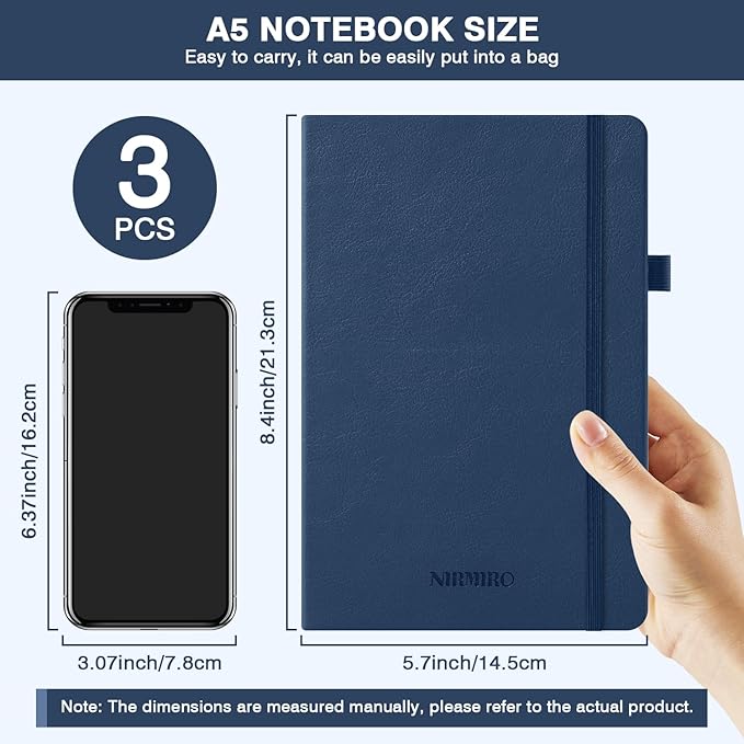 Lined Journal Notebook, A5 (5.7"x8.4"), 3 Pack 160 Pages Journaling Notebooks with Pen, for Women, Men, Work, Writing, Travel, Leather Hardcover, 100GSM Paper, School Office Supplies, Black Blue Brown
