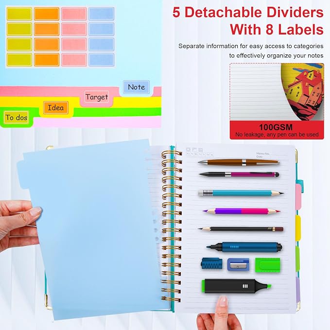 Hardcover Spiral Notebook 8"x10" Journal Notebook with Tabs and Removable Dividers 300 Pages 5 Subject Notebook College Ruled, Faux Leather Spiral Bound Notebook for Women, Students, School Work (Red)
