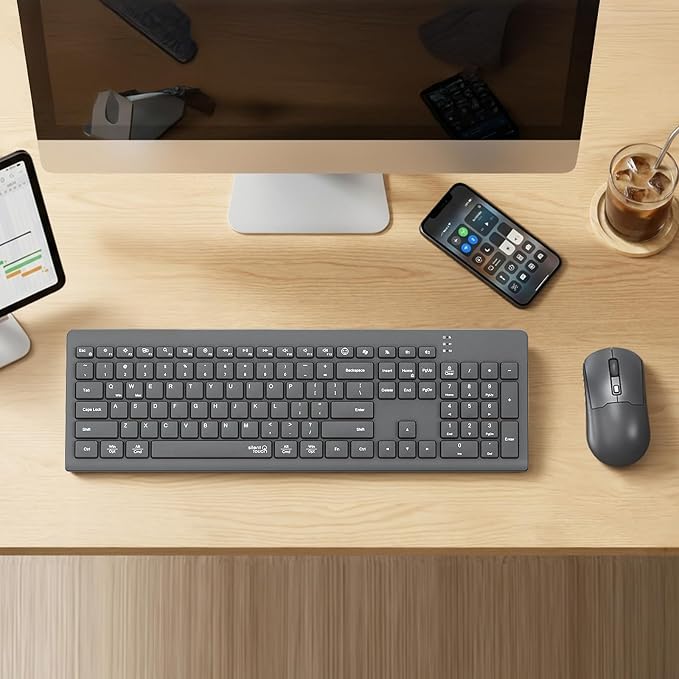 Wireless Keyboard and Mouse, 2.4GHz/Bluetooth Quiet Full Size Set, Gray | Dual-mode Bluetooth and 2.4GHz connection with a 3200 DPI adjustable mouse and extended battery life for daily use