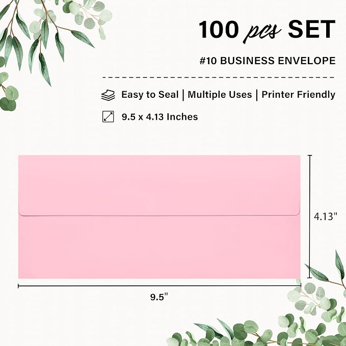 100 Pack #10 Pink Envelopes Letter Size Self Seal Business Envelopes | Security Mailing Envelopes, 4 1/8 x 9 1/2 Inches
