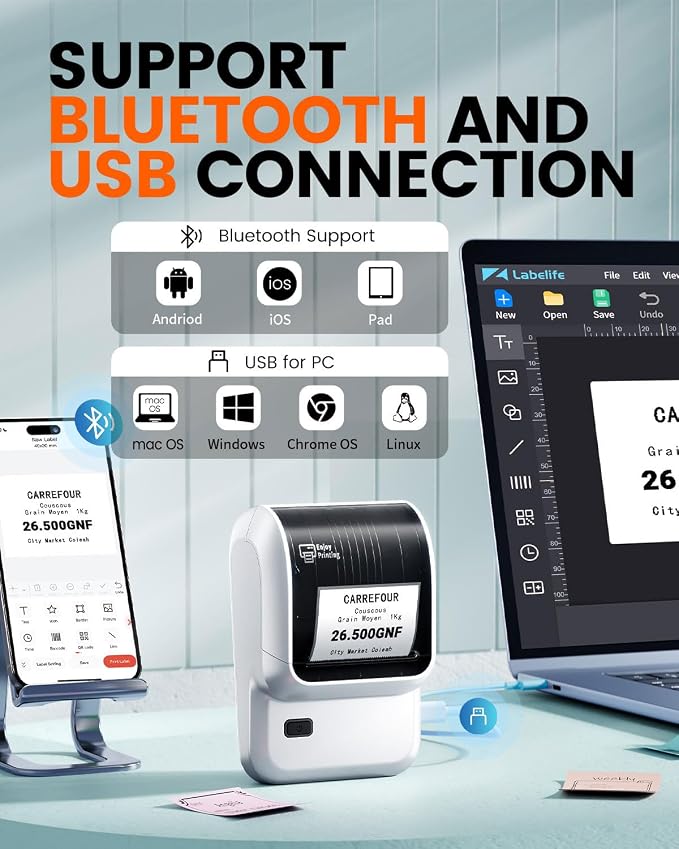 Ponek Label Makers, Bluetooth Thermal Sticker Printer with 6000+ Templates | Portable 2 inch Inkless Label Printer Easy to Use for Small Business, Home, School, Organization, Safety Label Makers, White