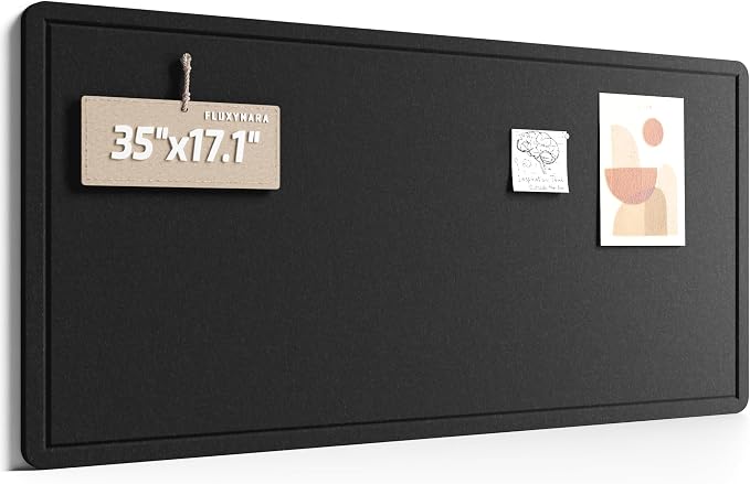 Fluxynara 35" x 17.1" Bulletin Board, Black | Cork Board Alternative with 12 Removable Adhesive Tabs, Foldable Felt Pin Board for Home, Office, Classroom & Dorm