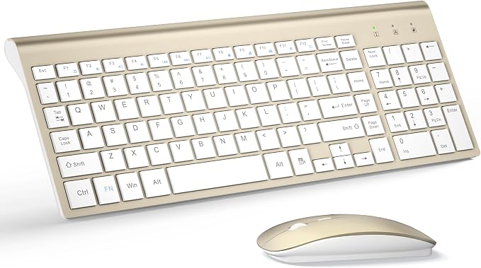 Wireless Keyboard and Mouse Ultra Slim Combo, TopMate - Gold White | 2.4G Silent Compact 2400DPI Mouse and Scissor Switch Keyboard Set with Cover, Batteries Included, for PC/Laptop/Windows/Mac