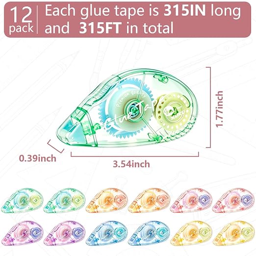 12 Pack Scrapbooking Tape Glue Tape Adhesive Dots Tape | Double Sided Tape Dispenser Runner for Crafts and Arts Projects (6 Color)