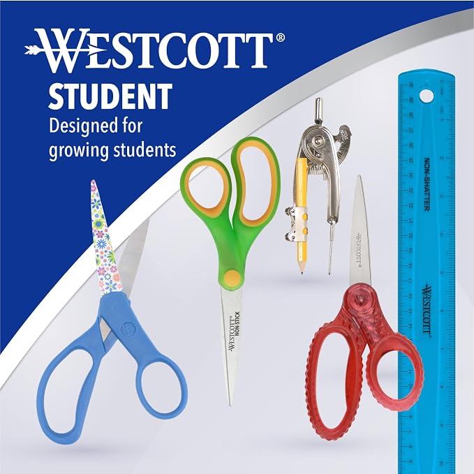 Westcott GEM Crystal-Design Scissors for Kids Ages 12+ - Back to School Essentials and Classroom Supplies - 7-Inch Pointed Student Scissors - for Right- or Left-Handed Use - Green - 1 Pack