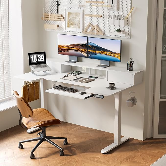 55 Inch U Shape Standing Desk with Keyboard Tray & Drawers, White | Power Outlet, Dual-Monitor Stand, LED Light, 3 Presets, 28.3"-46.5"in Range, 154 lb Capacity