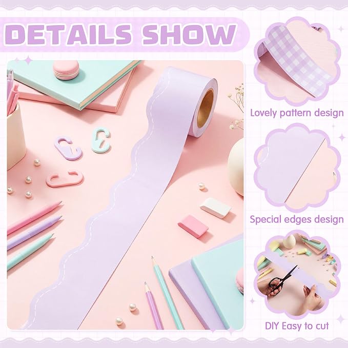 2 Rolls 65.6ft Macaron Purple Gingham Bulletin Board Borders Decoration Purple Checkered and Straight Edge Bulletin Borders Board Trim for Office School Classroom Chalkboard Party Decoration