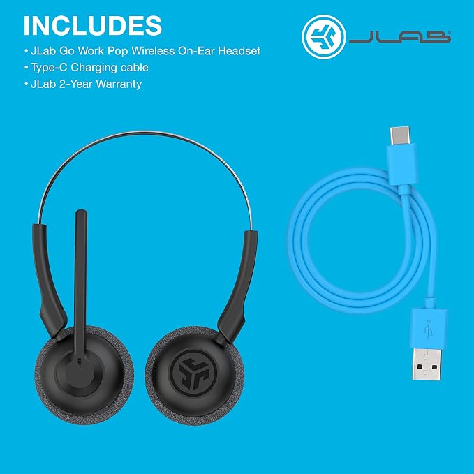JLab Go Work Pop, On-Ear Wireless Headset, Bluetooth Multipoint, Noise Canceling Boom Mic, Black