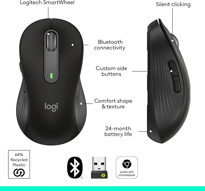 Logitech Signature M650 Wireless Mouse - for Small to Medium Sized Hands, 2-Year Battery, Silent Clicks, Customizable Side Buttons, Bluetooth, for PC/Mac/Multi-Device/Chromebook - Black