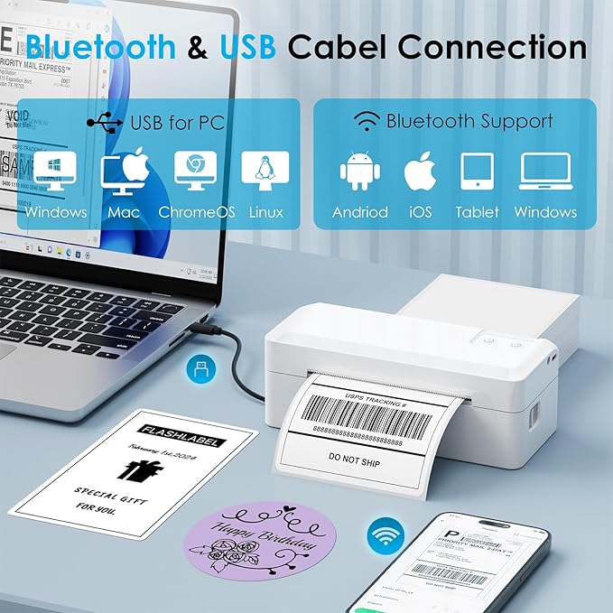 Shipping Thermal Label Printer, 4x6 Portable Label Printer, Bluetooth Label Maker for Small Business, Support iPhone,Android,Windows,Mac,Chromebook,Works with USPS, Etsy,Shopify&More, White