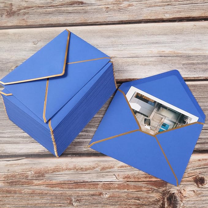 50 Pack A4 Envelopes Blue 4x6 with Gold Border, 4.25x6.25 | Self-Adhesive, V Flap, For Wedding, Graduation, Baby Shower, Parties, Invitations