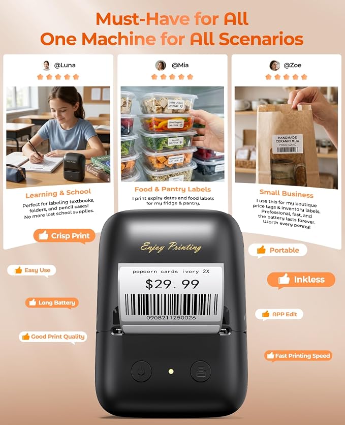 TATTMUSE Label Maker, A421 Sticker Printer | Bluetooth Thermal Label Maker Machine, 2 Inch for Home, Business, Office, Address, Compatible with Phone & PC