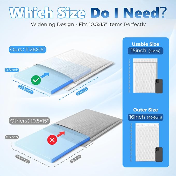 Metronic Bubble Mailers True 10.5x15" Usable Size Padded Envelopes 25 Pack | 50% Thicker 1/7" Bubble 10.5x16" Self Seal Water-resistant bubble envelopes for Books,Clothes,T-shirt Small Business,#5,White