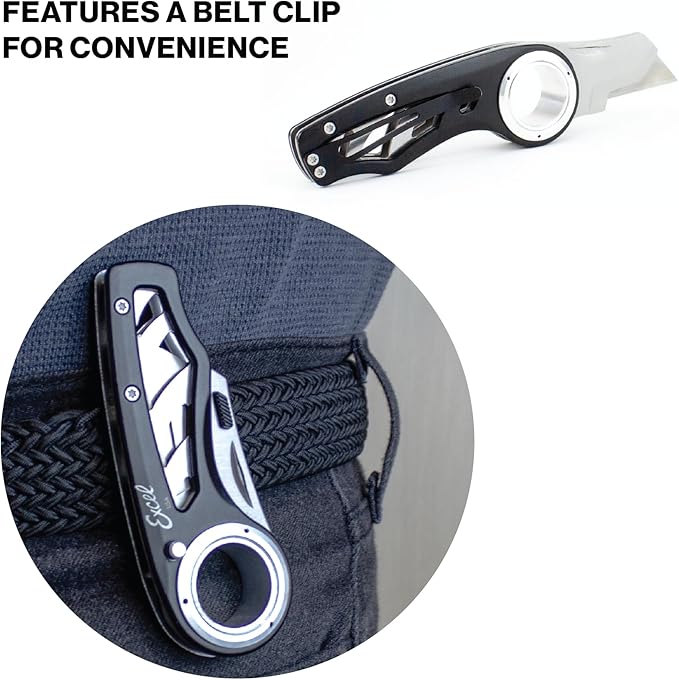 Excel Blades Revo Folding Utility Knife – Heavy-Duty Box Cutter with Aluminum Body, Quick-Change #92 Blades, 3 Lock Positions Design, Anti-Slip Finger Loop Grip, Holster Included – Black