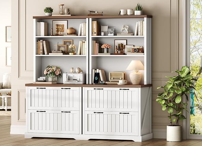 SEDETA 2 Drawer Filing Cabinet, Farmhouse File Cabinet for Home Office with Storage Shelves, Wood Tall Office Filing Cabinet fits Letter, Legal, A4 Size, Lateral File Cabinets with Bookshelf, White
