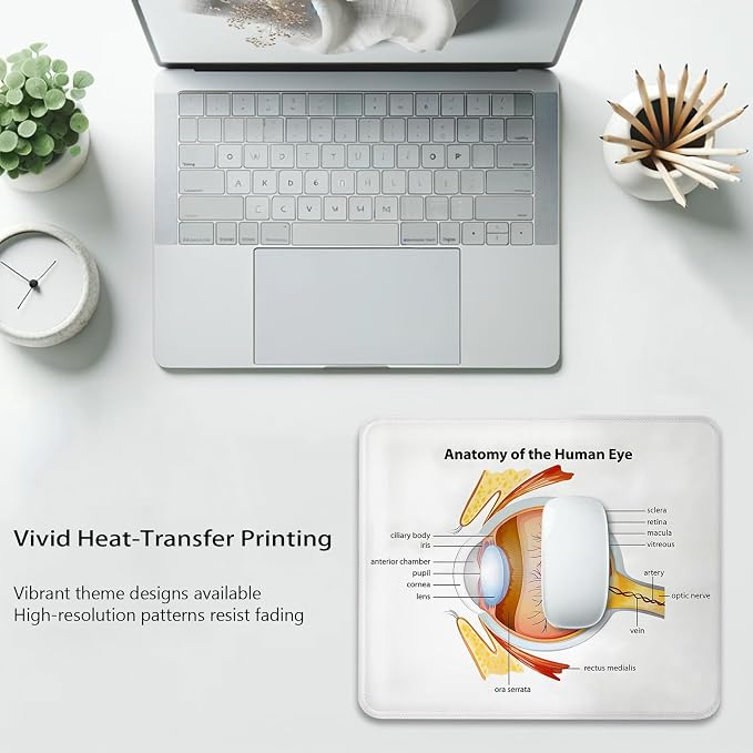 Human Eye Anatomy Science Mouse Pad, Nerves Graphic Durable Desk Mat | Cornea Iris Pupils Optic Design, Cute Mousepad Stitched, Anti-Slip Base Smooth Surface, 9.5 x 7.9 Inches