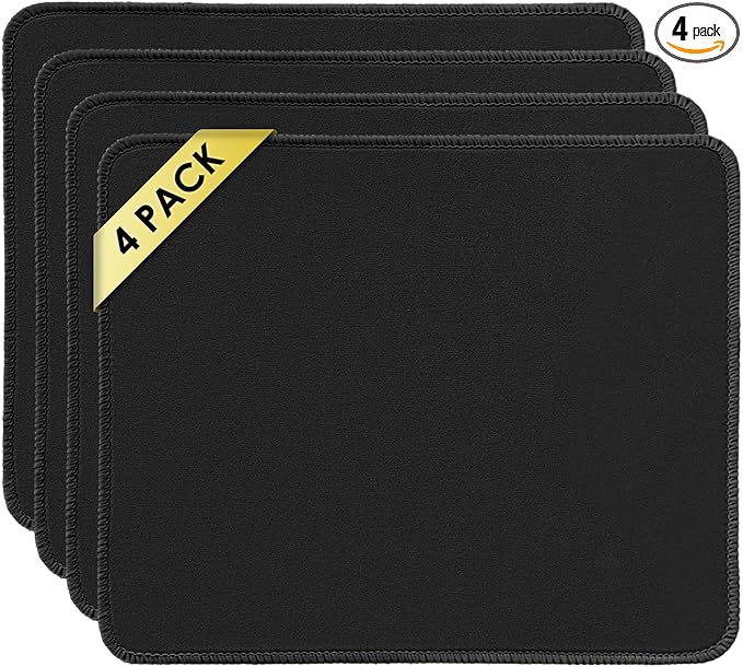 Mouse Pad with Stitched Edges - Classic Black Mousepad Set for Women, 9.25 x 7.75 inch Washable Desk Pad, Non-Slip Rubber Base, Office Home Laptop Accessories - Classic Black-4 Pack