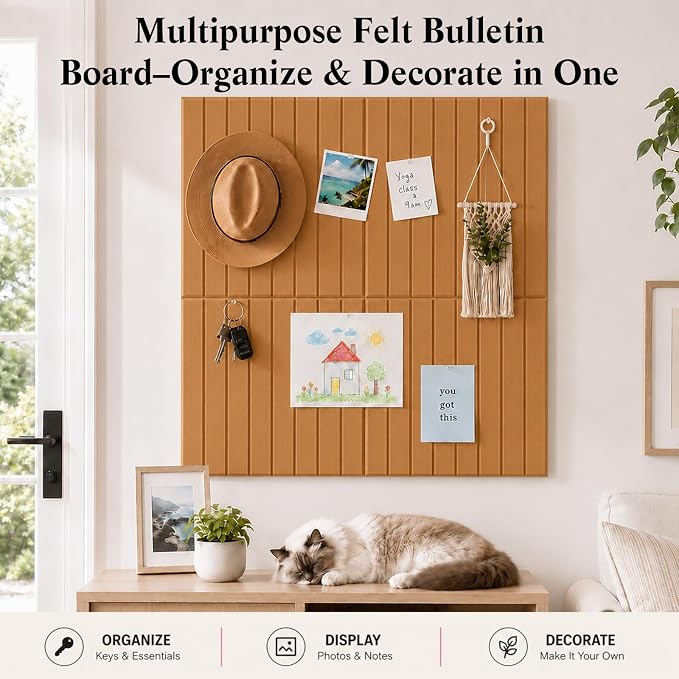 48" x 36" Large Felt Bulletin Board, Bold-Stripe 12-Pack Cork Boards | Fabric Bulletin Board with 60 Adhesive Tabs, 50 Pushpins, Felt Wall Tiles for Office Push Pin Board Felt Board, Creamy Coffee | Fabric Bulletin Board with 60 Adhesive Tabs, 50 Pushp...