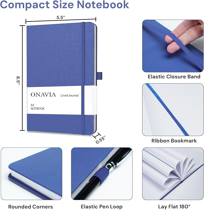 ONAVIA A5 Notebooks for Work, Lined Journal, 3 Pack, 160 Pages, Blue | 80 Sheets, 5.8 x 8.3 in, Lay Flat, College Ruled, A5 Hardcover Journal, Lined Notebook for Work, School, Note Taking