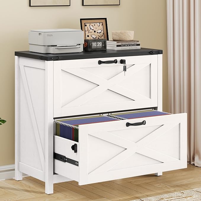 Halitaa Farmhouse Lateral File Cabinet with 2 Drawers, White and Black | Lateral Filing Cabinet with Lock for Letter/A4/Legal Size, Large Wood File Storage Cabinet Printer Stand for Home Office