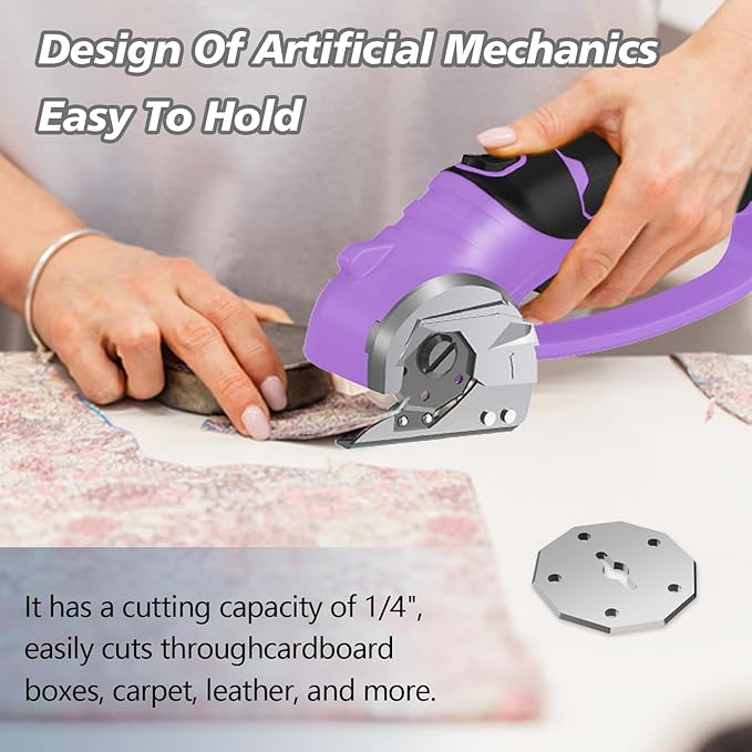 Cordless Electric Scissors, 4V Rechargeable Box Cutter & Cardboard Cutter with LED Light, Safety Lock - Rotary Cutter for Fabric, Leather, Carpet, Plastic, Crafting, Sewing with Storage Box(Purple)