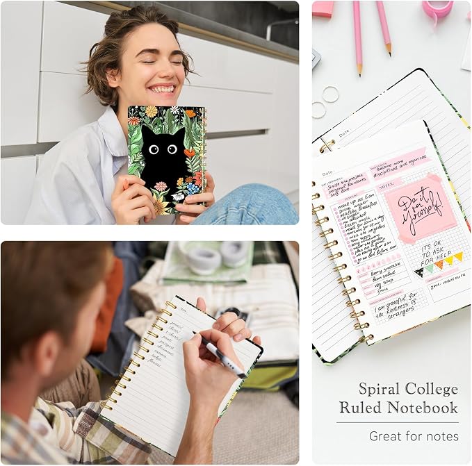 Lined Spiral Journal Notebook for Work A5, 160 Pages, Cat | College Ruled Spiral Journal for Women, Hardcover with Elegant Design for Note-Taking, 5.5 * 8.25 inch