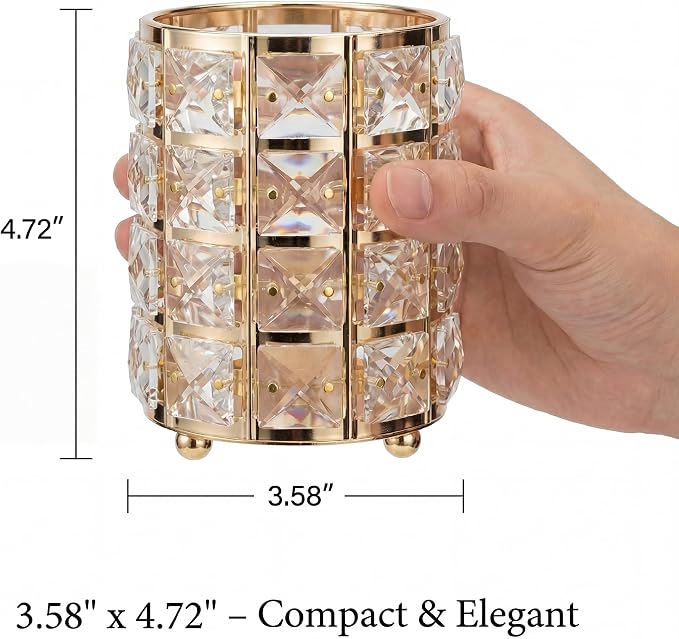 YAGELI Crystal Pen Holder for Desk, 3.58" Gold/Silver Pencil Cup | Crystal & metal base. Holds pens, pencils, makeup brushes, art supply. Easy to clean. Elegant decor for desk, vanity, office