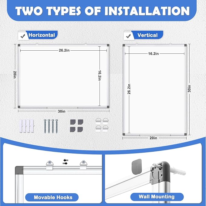 Double-Sided White Board 30x20 Dry Erase Magnetic for Wall | Magnetic Whiteboard, Double-Sided, Smooth Writing Easy Clean, Aluminum Frame, Home Office School, Complete Kit