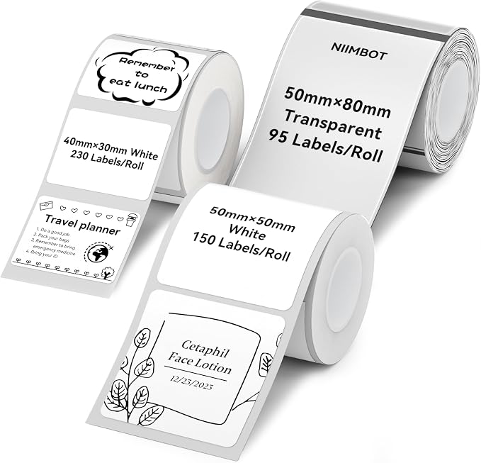 NIIMBOT Thermal Label Tape 3Rolls, Compatible with B1/B2/B21 Label Maker | Multi-Size Pack, 40x30mm White, 50x80mm Clear, 50x50mm White | for Address, Jar, Gift, Logo & File Organization Stickers