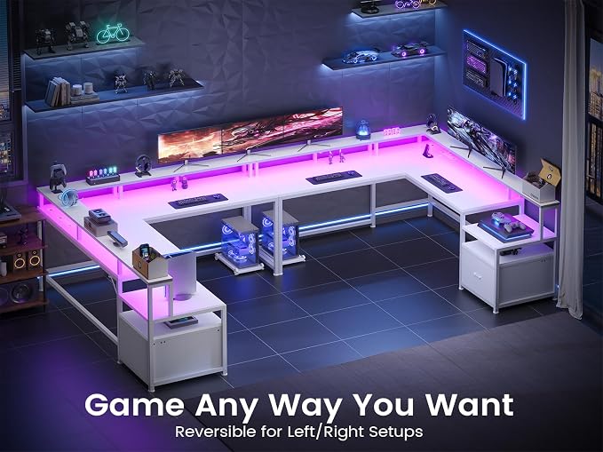 SEDETA 66" Reversible L Shaped Computer Desk with Power Outlet, File Drawer | Home Office Desk with Monitor Shelf, Storage Shelves, LED Lights for Corner Small Spaces, Gaming, White