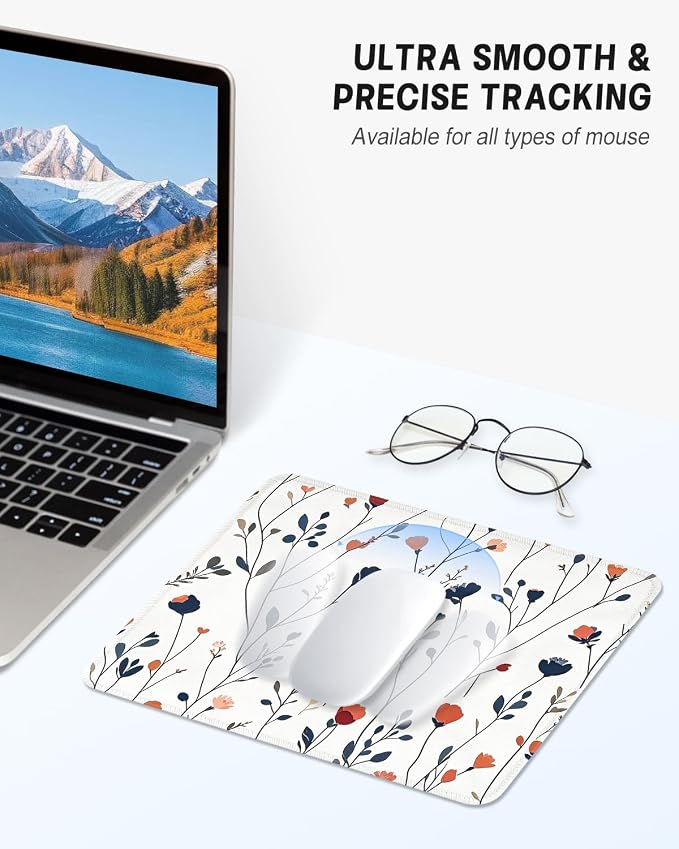 Mouse Pad, Cute Mouse Mat, 10" x 8", White Flower | Square Waterproof Gaming Computer Mat, Textured Top, Stitched Edges, Non-Slip Rubber Base for Office Home Laptop Keyboard