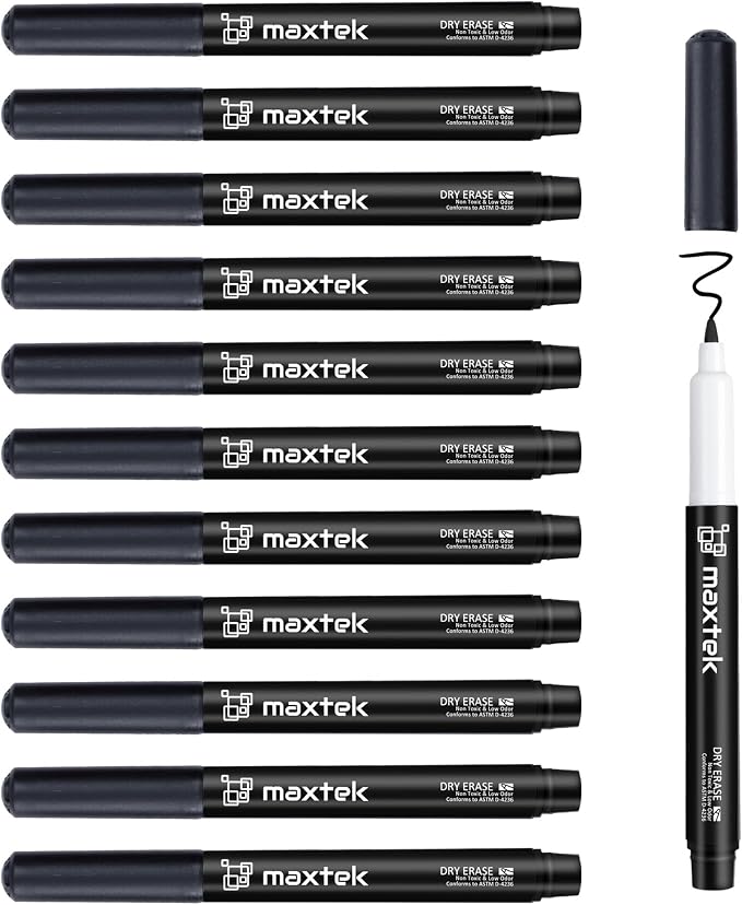 maxtek Black Dry Erase Markers, 0.7mm Ultra Fine Tip, 12 Count | Low Odor Extra Fine Whiteboard Markers for Planning Boards, Calendars and Small Whiteboard Notes