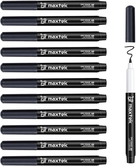 maxtek Black Dry Erase Markers, 0.7mm Ultra Fine Tip, 12 Count | Low Odor Extra Fine Whiteboard Markers for Planning Boards, Calendars and Small Whiteboard Notes