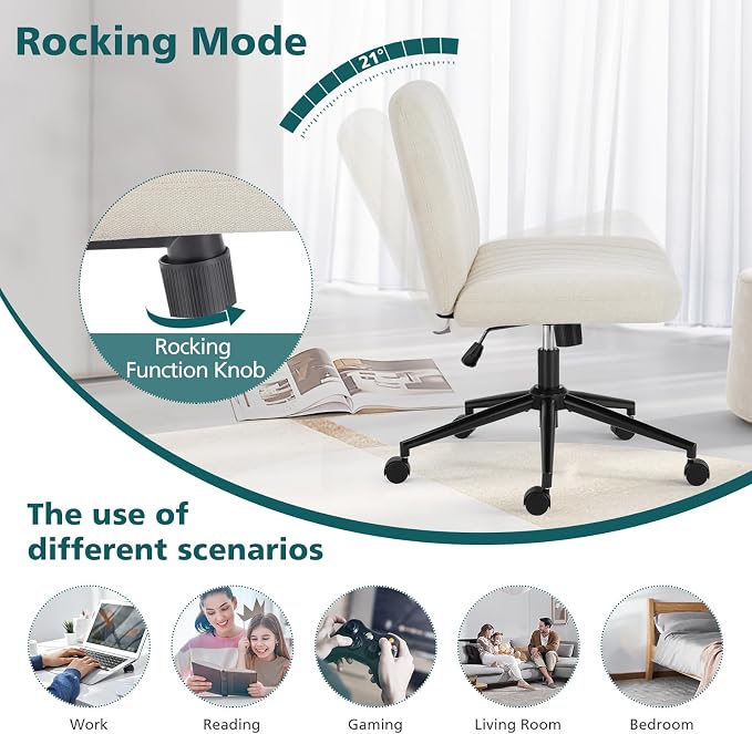 OLIXIS Criss Cross Office Chair, Vanity Chair, Home Office Desk | Wide Seat, Height Adjustable, Comfy Fabric, Armless No Wheels, Bedroom, Study Room, Beige
