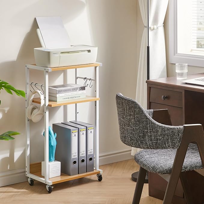 YMYNY 3-Tier Mobile Printer Stand 32.28 * 17.32 * 11.81" Natural HPT002N | Printer Cart with Adjustable Storage Shelf & 6 S-Hooks Tall Printer Table for Home Office,for Computer Tower Stand,Shredder