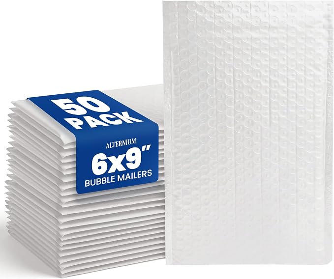 ALTERNIUM Bubble Mailers 6x9 Inch, 50-pack – Small Padded Shipping Envelopes, Self Seal Poly Bubble Mailers, Waterproof Lightweight Mailers for Jewelry, Trading Cards & Small Business - White