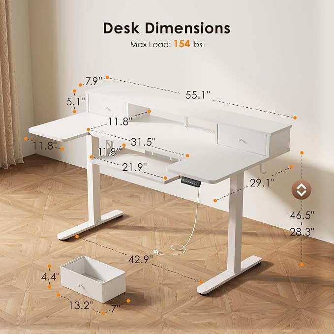 55 Inch U Shape Standing Desk with Keyboard Tray & Drawers, White | Power Outlet, Dual-Monitor Stand, LED Light, 3 Presets, 28.3"-46.5"in Range, 154 lb Capacity