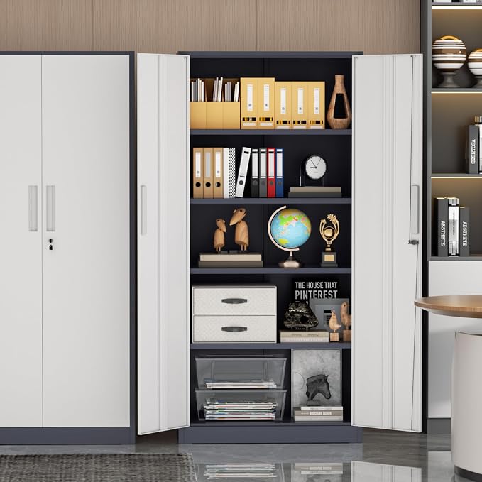 Incbruce 72” Metal Storage Cabinet, Garage Cabinets and Storage System with Doors and Shelves, Tall Lockable Tool Cabinet for Garage, Office, Home (Grey White)