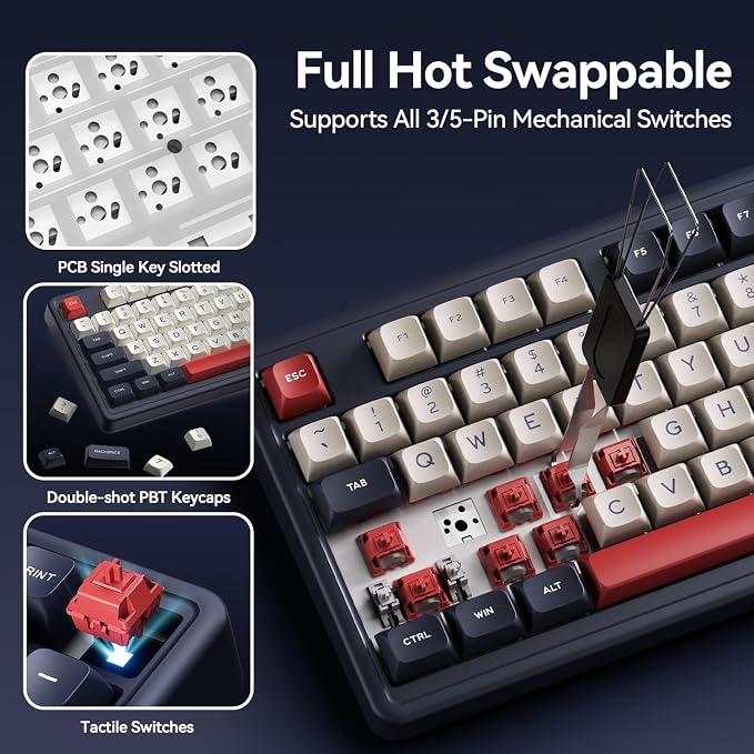 AUSDOM H98 Wireless Bluetooth Mechanical Keyboard, BT5.3/Type-C/2.4G Tri-Mode Hot Swappable Custom Gaming Keyboards, Gasket, RGB, Numpad, Computer Keyboard for Mac/Win/Office, 98 Keys(Click Sound)