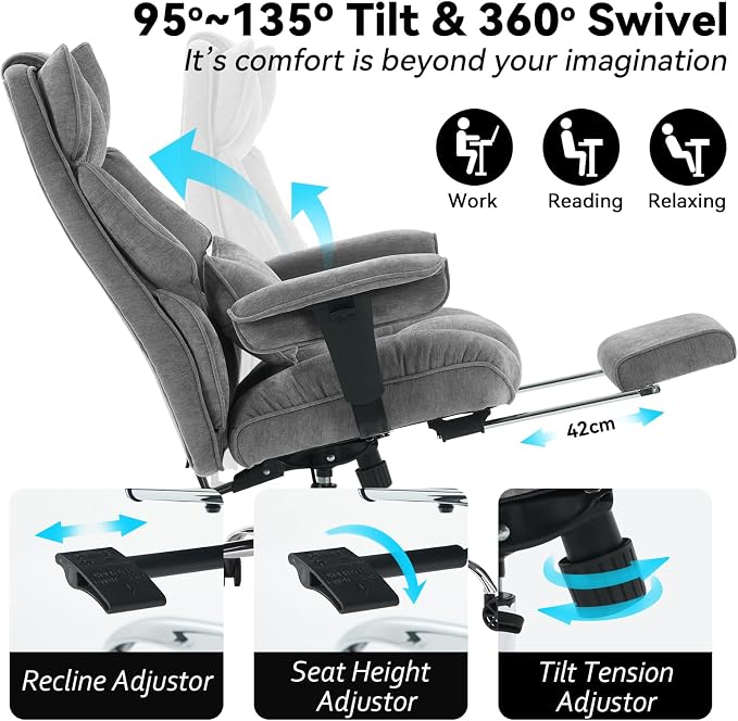 Efomao Big and Tall Fabric Executive Office Chair,Grey | 400lbs support, 135° recline, dual-layer foam cushion, 23.5" seat & footrest