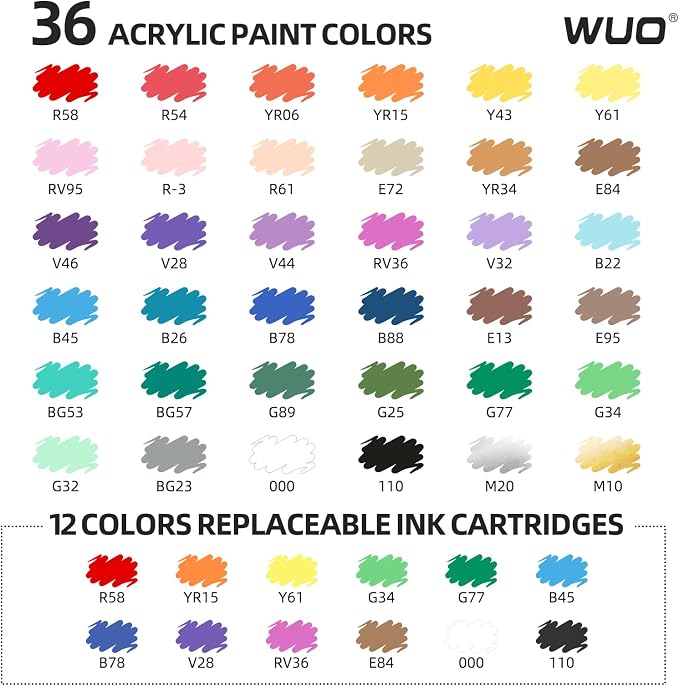 WUO 36 Colors Acrylic Paint Markers, Water-Based No-Bleed Brush Tip Pens | Automatic Ink Control, Smooth Flow on Rock, Wood, Glass, Fabric, Canvas, Paper, Includes 12 Replaceable Ink Cartridges
