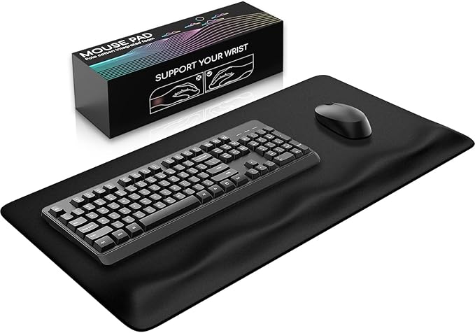 JIKIOU Large Mouse Pad with Wrist Rest, Desk Pad with Built in Wrist Rest, Waterproof Gaming Mouse Pad with Non-Slip Base for Typing Pain Relief Black 29.5x14.9 inch