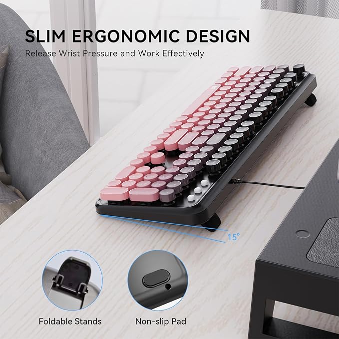 FOPETT 8870P Wired Keyboard and Mouse Combo - Full-Sized Computer Keyboards with 104 Round Keys Retro Typewriter Mouse and Keyboard for PC Windows Desktop Laptop - Pink Colorful